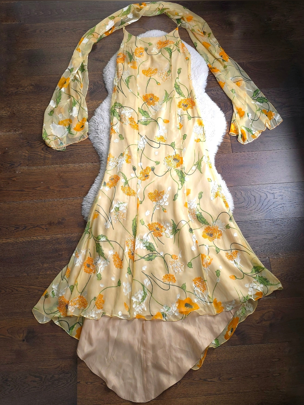 Euro Butter Yellow Silk Floral Burnout Beaded Scarf Dress Set